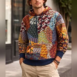 Fila Geometric Patchwork Hoodie Size L Multicolor Logo Streetwear Pullover